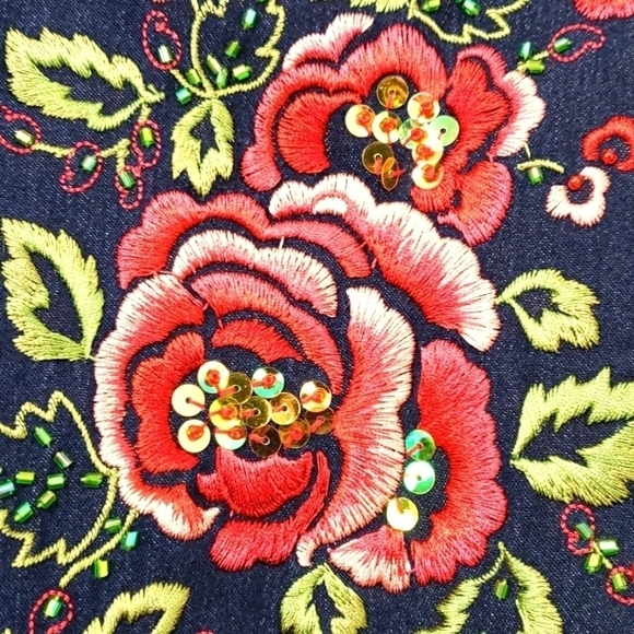 Victor Costa Occasions Medium Denim Embroidered & Sequins Snap Up Shirt EUC - Picture 2 of 11